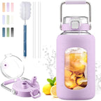 BLUEGO 84oz Water Bottle Glass with Stainless Steel Handle Large 2.5l Water Bottle with Time Markers and Silicone Sleeve Half Gallon Water Jug BPA Free for Gym Daily Use, Purple