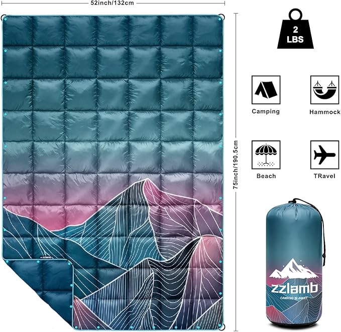 zzlamb Camping Blanket, Outdoor Lightweight Travel Blanket Puffy Portable Down Alternative, Windproof Warm Cloak with Snaps, Cozy Quilt Backpacking Picnic RV Plane Car Hammock Beach Climbing