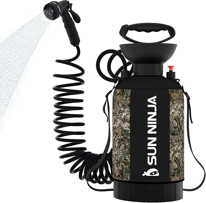 SUN NINJA Portable Shower, Camping Shower with 7 Mode Shower Head, Neoprene Cover Helps Keep Water Warm, High Pressure Hose, Easy to Carry