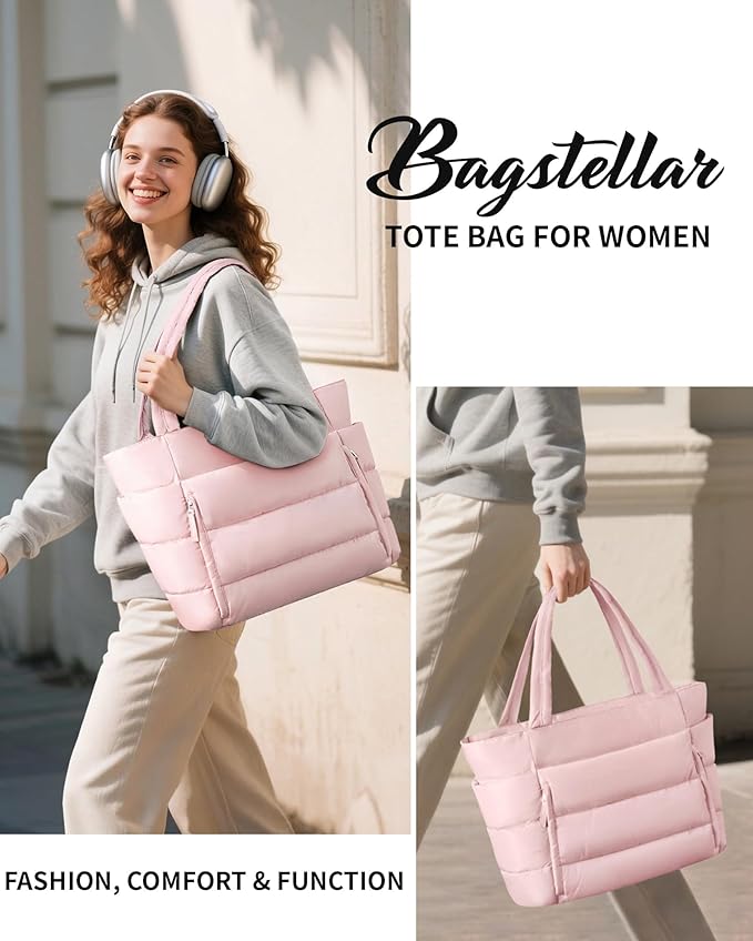 Puffer Tote Bag for Women, Lightweight Puffy Work Handbag Teacher Nurse Quilted Shoulder Bag for School Travel Gym