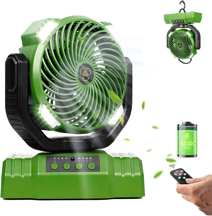 20000mAh Camping Fan with LED Lantern, 360° Oscillation, Remote Control, 4 Speed & Timer, Rechargeable Battery Powered Fan for Tent, Outdoor, Travel, Hurricane, Emergency, Power Outage (Green)