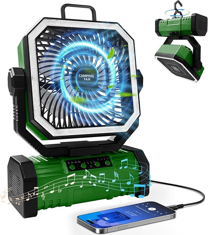 Camping Fan with Bluetooth Speaker Portable Fan,20000mAh Rechargeable Battery Powered Fans, 360° Hanging Hook for Outdoor Picnic Tent Beach Travel Barbecue, Green