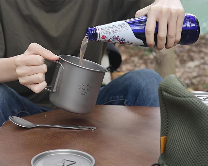 SANTTA Camp Cup MUG with Lid & Pouch, 18.6 oz Ultra Light Titanium Cup with Foldable Handle Camping Mug 550mL