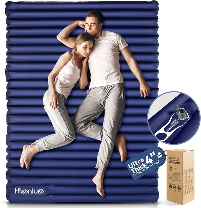 Hikenture Double Sleeping Pad for Camping, 4" Extra-Thick Camping Mattress 2 Person, Inflatable & Ultralight Sleeping Mat for Backpacking, Hiking (Navy Foot Pump, Full XL)
