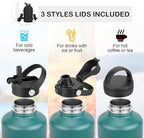 Water Bottle Insulated 32oz 40oz 64oz 128oz Straw Lid Spout Lid & 3 Lids, Leak Proof, Vacuum Insulated,Stainless Steel Water Bottle Wide Mouth for Sports, Gym or Office