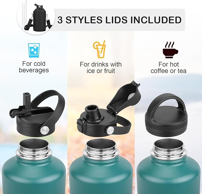 Water Bottle Insulated 32oz 40oz 64oz 128oz Straw Lid Spout Lid & 3 Lids, Leak Proof, Vacuum Insulated,Stainless Steel Water Bottle Wide Mouth for Sports, Gym or Office