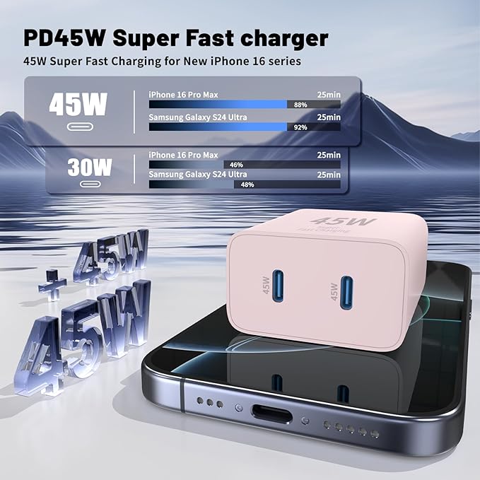 QZIIW iPhone 16 15 Pro Max Charger Fast Charging,45W Dual Port USB C Fast Charger Block [2-Pack] & Extra Long 60W 3/6/10/10FT USB C Cable - PD Quick Adapter 3.0 for iPhone 16 15/16 15 Pro/16 15 Plus.