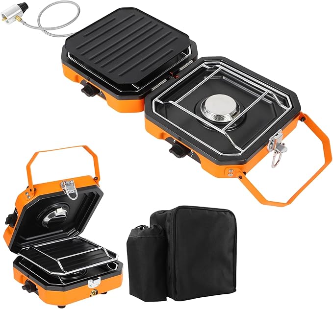 Adjustable 2-Burner Portable Stove with 16000 BTU, with Camping Grill and Carrying Bag, Portable Propane Camp Stove with 2 Burners & Piezo Ignition for Camping, Backyard BBQ,Tailgating (Orange)