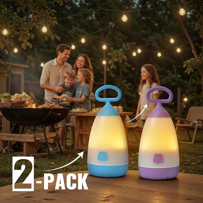 Kids Camping Lantern & Night Light Battery Powered, 360° Eye-Safe Light (AAA Included), IPX4 with RGB Modes Portable for Outdoor, Emergency , Gift for Children (Purple+Blue 2 Pack)