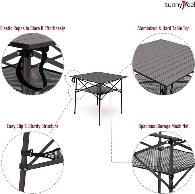 SUNNYFEEL Outdoor Folding Table | Lightweight Compact Aluminum Camping Table, Roll Up Top 4 People Portable Camp Square Tables with Carry Bag for Picnic/Cooking/Beach/Travel/BBQ