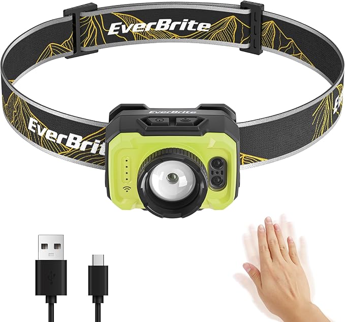 EverBrite 600 Lumen Headlamp, Rechargeable Headlight with 4 Modes, Super Bright Head Lamp with Spotlight & Floodlight, Motion Sensor, Memory Function for Camping, Hiking-Green