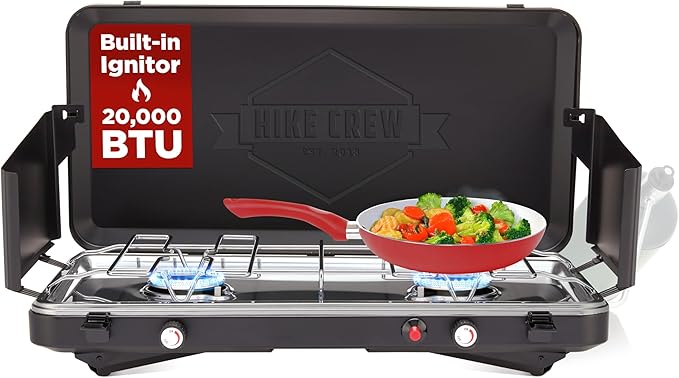 Hike Crew Gas Camping Stove | 20,000 BTU 2 Burner Propane Portable Stovetop | Foldable Legs | Integrated Igniter & Included Regulator | Wind Panels & Built-in Carrying Handle