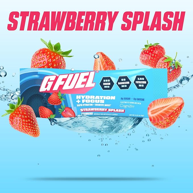 G Fuel Electrolytes Powder for Instant Hydration and Focus | Sugar Free, Strawberry Flavor, Electrolyte and Nootropic Drink Mix to Sharpen Mental Focus, 20 Servings