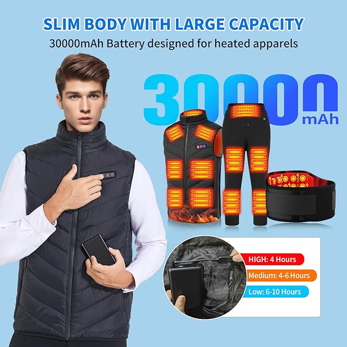 30000mAh Heated Vest Battery Pack 7.4V Heating Vest Battery Bank Power Bank with LED Display DC/USB//Type-C 5V/9V/12V Portable Chargers for Heated Jacket Coat Vest and Warming Clothing for Men