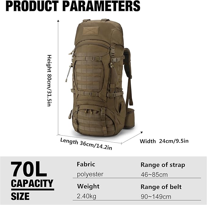 Mardingtop 70L Internal Frame Backpack for Camping,Hiking,Travel,Tactical Backpack with Rain Cover