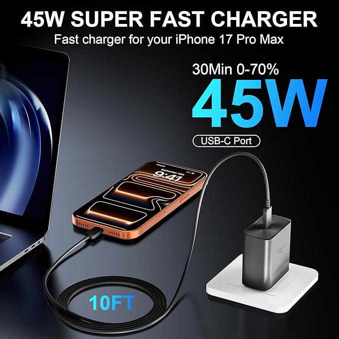 Phone 17 16 Pro Max Charger Fast Charging, 45W USB C Phone 17 16 Super Fast Charger Block with 10ft Long Type C Charging Cable Cord for i.Phone 17 Pro Max/17 Pro/17 Air/17/16/16Pro/16 ProMax-Black