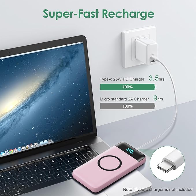 Wireless Portable Charger 30,800mAh 15W Wireless Charging 25W PD QC4.0 Fast Charging Smart LED Display USB-C Power Bank,4 Output& 2 Input External Battery Pack Compatible with iPhone,Samsung etc-Pink