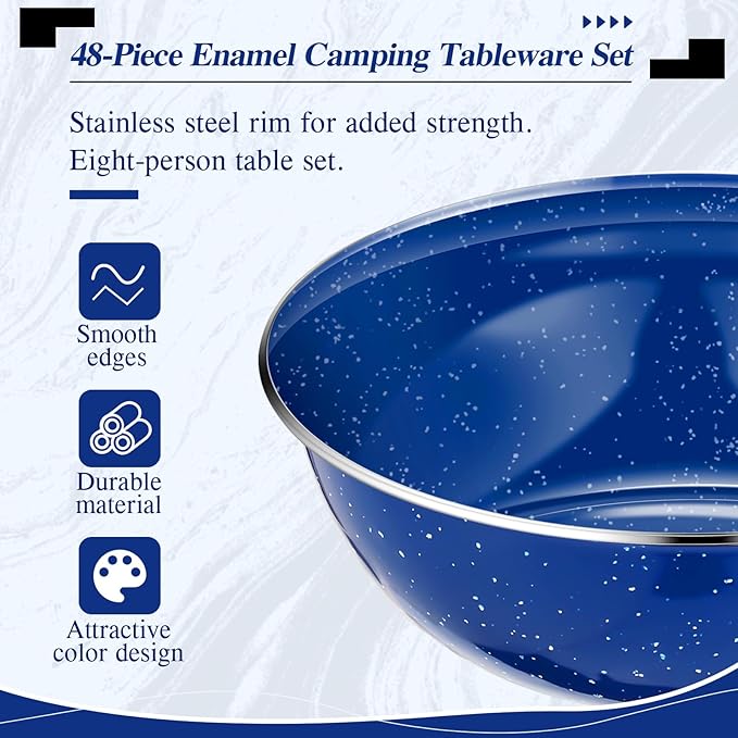 Nuogo 48 Pcs Enamel Camping Tableware Includes 12 oz Coffee Mugs 10.5 Inch Camping Plates 6 Inch Bowls and Utensils Set Includes Knife Fork Spoon for Outdoor RV(Blue)
