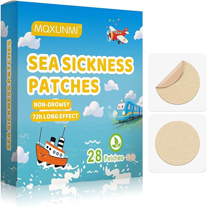 Sea Sickness Patches for Cruise, 28 PCS Behind Ear Motion Sickness Patches for Travel, Non-Drowsy and No Side Effects, 72H Long Lasting and Fast Acting for Cruise, Car, Ships, Air