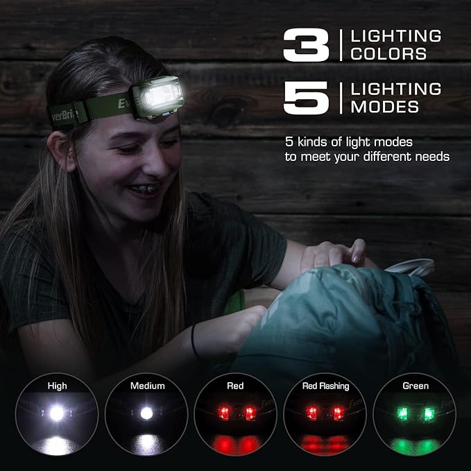 EverBrite Headlamp, 5 Pack Kids Headlamp with Red Light and Memory Function, Head Lamp for Adults and Kids with 5 Modes, Bright Headlamps for Camping, Running, Batteries Included