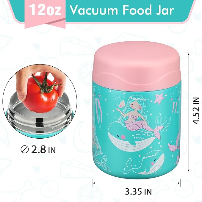 12oz Soup Thermo for Hot Food Kids Insulated Food Jar Wide Mouth Lunch Container Leak Proof Stainless Steel Vacuum Bento Box for School Office Travel Outdoors Green-Mermaid