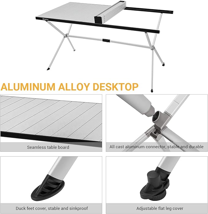 KingCamp Folding Camping Table Aluminum Roll Up Table Oversized Large Camp Table Stable Portable Outdoor Folding Table for Picnic Camping Barbecue Backyard Party,57.4''×31.4''4-6 Person,Support 176lbs