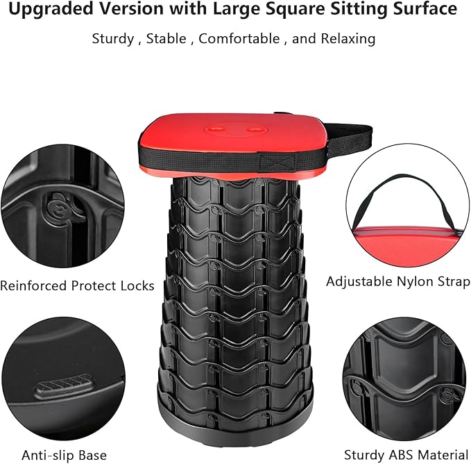 Upgraded Folding Stool Heavy Duty 550lbs Load Capacity Collapsible Portable Sturdy Telescopic Stool for Camping Travel Hiking (Red)