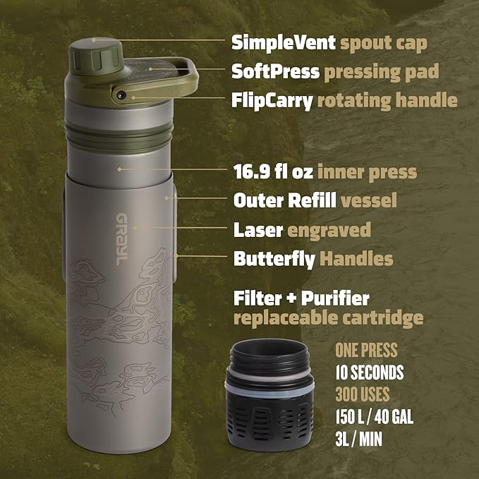 GRAYL UltraPress Titanium 16.9 oz Water Purifier & Filter Bottle for Hiking, Backpacking, Survival, Bushcraft, Travel (Olive Drab)
