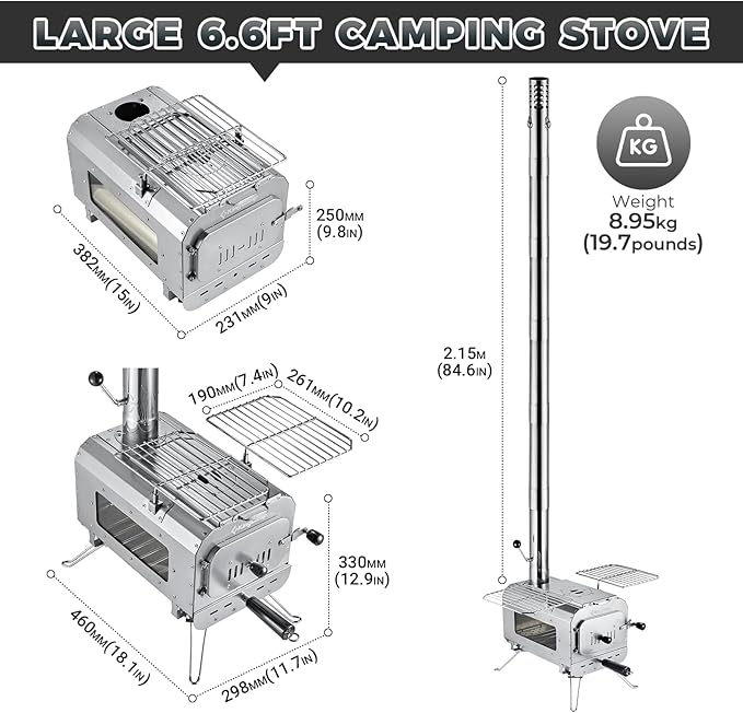 KingCamp Hot Tent Stove, Foldable Camping Stove with Large Firebox, 6.6ft Winter Camping Stove for Tent, Shelter, Cabin Heating, With Chimney Pipes, Heat Resistant Glass & Gloves for Outdoor