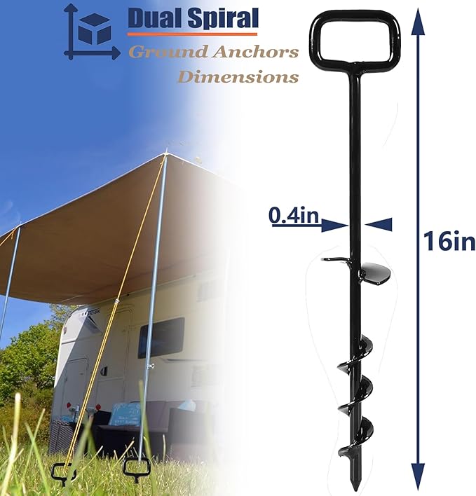 16In Tent Stakes with 6PCS Heavy Duty Adapter, Screw Ground Anchors, Tree Straightening Kit, Mobile Home Anchors (Black)