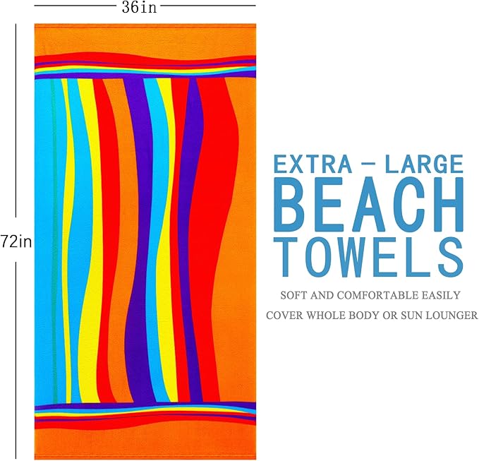 Oversized Terry Beach Towel 36 x 72 in Soft Extra Large Big Pool Swim Towels for Adults XL Clearance Big Travel Blanket Cruise Vacation Accessories Essentials Lounge Chair Cover Stripe Multicolor