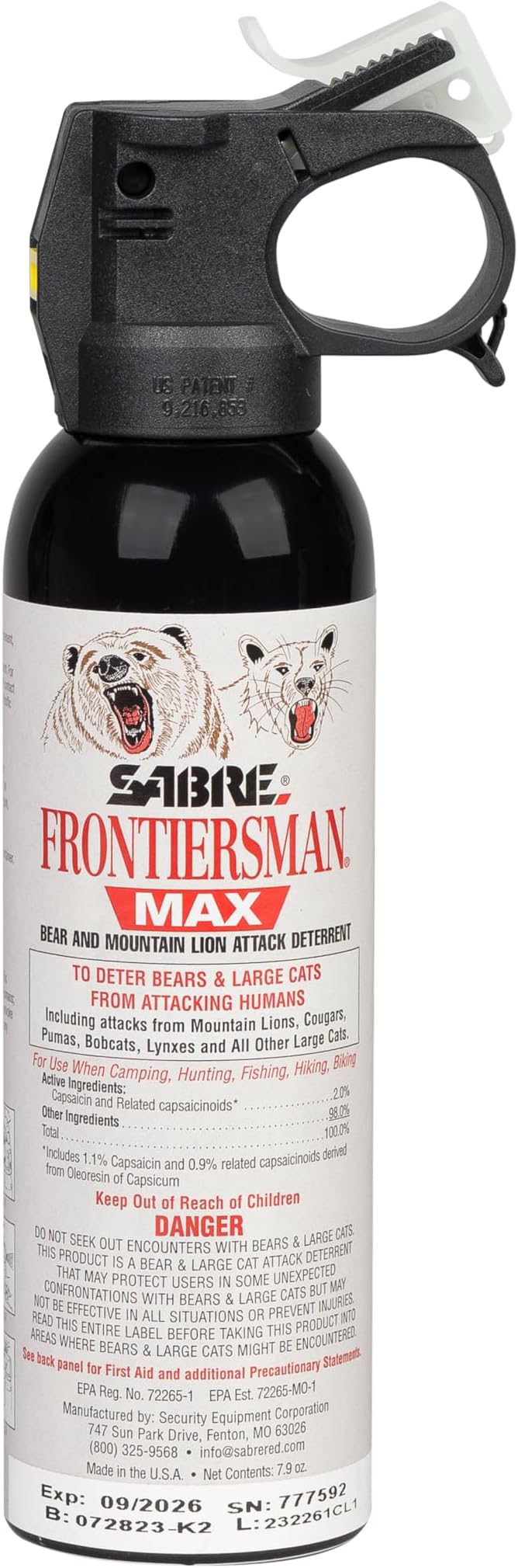 SABRE Frontiersman MAX Bear Spray – 40 ft Range, Maximum Strength, The Only EPA-Registered Spray for Bears & Mountain Lions, 7.9 oz, Glow Safety Clip, Outdoor Hiking & Camping Protection