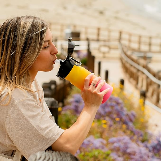 BJPKPK 14oz Insulated Water Bottle With Straw Stainless Steel Double Wall Water Bottles BPA Free Leak Proof Thermo With Lockable Flip Lid And Soft Silicone Spout,Sea Salt