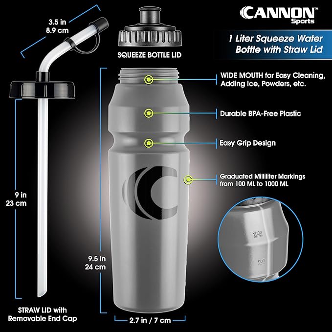 Cannon Sports 1 Liter Sports Water Bottle, BPA-Free, 34 Oz Capacity, Large Mouth, 2 lids (Straw and Squeeze), Great For Helmet Sports Such As Hockey, Lacrosse, Football, Boxing (6 Pack) (Gray)