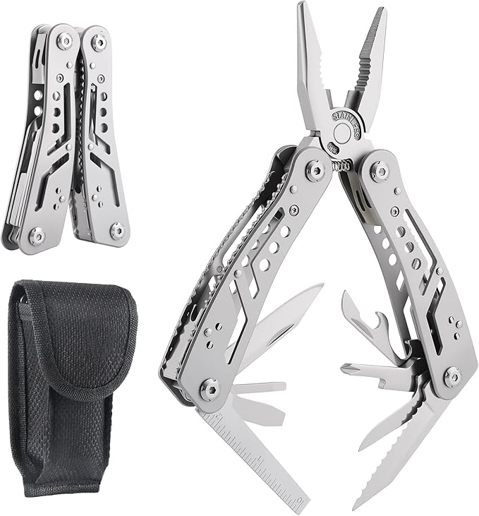 14-In-1 EDC Multitool Pliers, Stainless Steel Multi Pliers, Pocket Knife, Bottle Opener, Screwdriver with Pouch for Survival and Camping