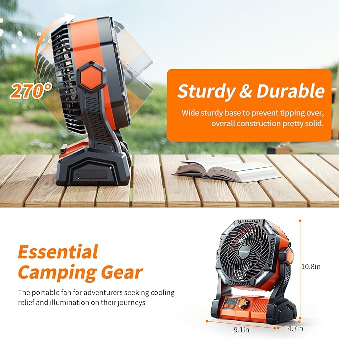 Camping LED Fan with Light, 40000m Rechargeable Battery Powered Outdoor Tent Fan with Light and Hook, 6 Speed, Personal USB Desk Fan for Camping, Fishing, Power Outage,Hurricane, Worksite