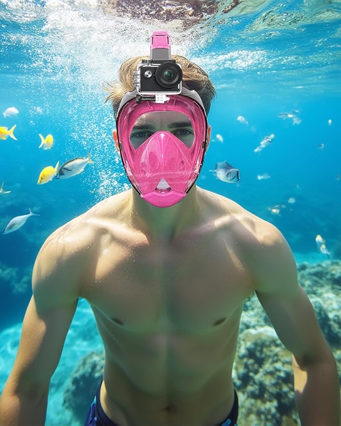 Full Face Snorkel Mask for Adults with Dry Top System 180 Degree Panoramic View Snorkeling Gear with Camera Mount Safe Breathing Anti-Leak Anti-Fog