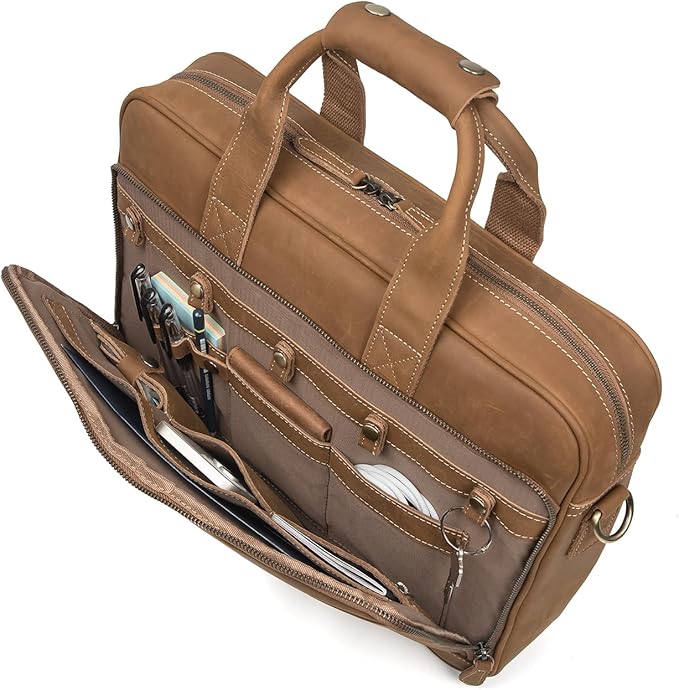 Augus Leather Messenger Bag for Men Vintage Travel Backpack 17 inch laptop Briefcase Shoulder Bags