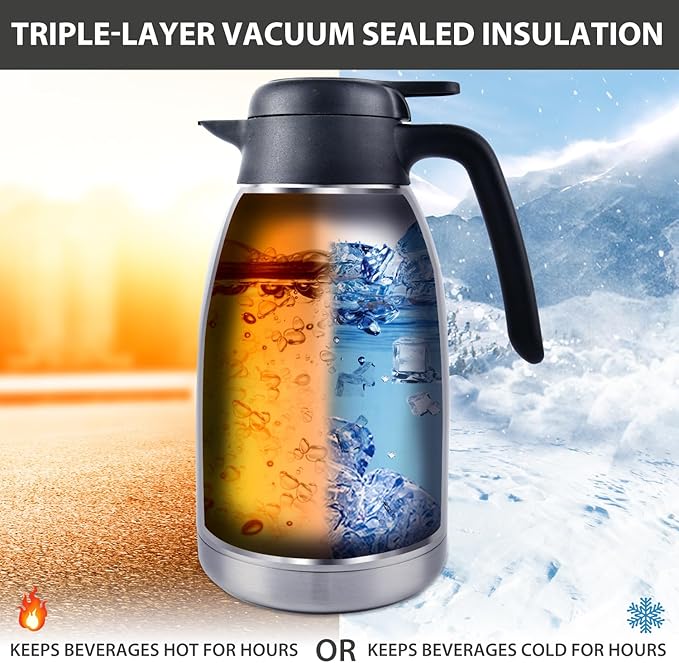 Heritage66 Thermal Coffee Carafe -Triple Wall Vacuum insulated Flask- keeping Beverages Hot for 12 hours /24 hours cold Tea, Water, and Coffee Dispenser (2 Liter/68Oz with Brush)