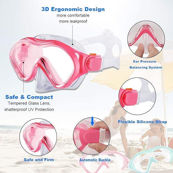 Kids Mask Fins Snorkel Set Snorkeling Packages, with Diving Mask, Snorkel, Adjustable Swim Fins, Mesh Bag, Anti-Fog Anti-Leak Snorkeling Gear for Kids for Snorkeling Swimming Diving