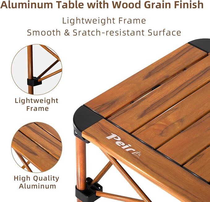 Folding Camping Table, Portable Lightweight Aluminum Camp Table Roll Up Top with Storage Net for Outdoor, Camping, Picnic, Backyards, BBQ(Woodgrain, 15.8 x 15.8 x 15.8in)