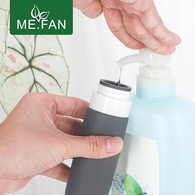 ME.FAN Travel Bottles for Toiletries, TSA Approved 3oz Travel Size Containers, Silicone Squeezable Portable Split Bottle, Travel Accessories for Conditioner, Shampoo, Lotion- 4 Pack Morandi