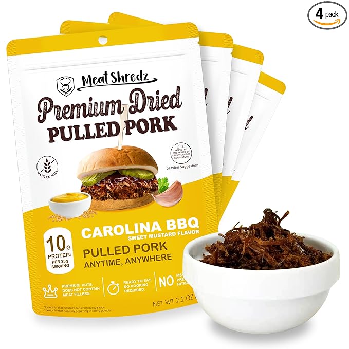 Meat Shredz - Premium Dried Pulled Pork (Carolina BBQ - Sweet Mustard, 4 Pack) | Gluten Free | High Protein & Low Sugar | Bacon Bits | Dehydrated Backpacking & Camping Food | Shredded, Dried Jerky Chew Snack