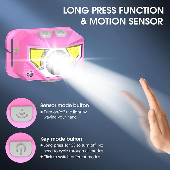 LHKNL Headlamp Flashlight, High Lumen Bright LED Rechargeable Headlight with White Red Light, 2-Pack Waterproof Motion Sensor Head Lamp, 8 Mode for Camping Running Hiking Fishing Gear- Pink