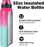 Oldley Insulated Water Bottle 32oz Water Bottles with Straw, Stainless Steel Water Bottle with 3 Lids, Double Wall Vacuum Bottles for Adult, Leak-proof Sports Bottles for School Travel, Rose Red-Green