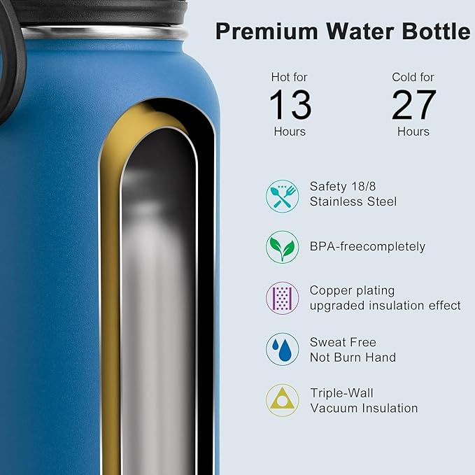koodee Insulated Water Bottle, 18 oz Stainless Steel Double Wall Vacuum Wide Mouth Sport Bottle with Leakproof Spout Lid (Navy)