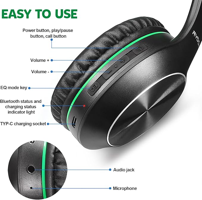 Rydohi Bluetooth Headphones Over Ear, 68H Playtime 3 EQ Music Modes Wireless Headphones with Microphone/Deep Bass, HiFi Stereo Foldable Headset for PC Home Travel Office (Black Green)