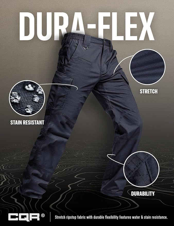 CQR Men's Flex Ripstop Tactical Pants, Water Resistant Stretch Cargo Pants, Lightweight EDC Hiking Work Pants