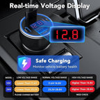 4-Port USB C Car Charger Fast Charging, Car Phone Charger Adapter with 30W PD & QC3.0 Dual USB C & USB A Port Real-Time LED Voltmeter 12V/24V Cigarette Lighter Adapter for iPhone Galaxy & Android