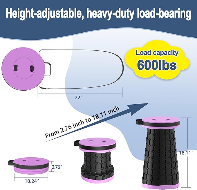 ALEVMOOM 2025 Upgraded 18.1" Collapsible Stool with Cushion & Carry Bag, 600lbs Max Weight Portable Telescoping Stool, More Sturdy Lightweight Retractable Seat Folding Chair for Camping & Outdoors